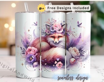 Boho Floral Fox Tumbler Wrap: 20oz Skinny Sublimation Design (digital ...