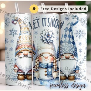 Let It Snow 20 Oz Skinny Tumbler Wrap, Christmas Gnomes Sublimation Skinny Tumbler Design, New Year Gnome, Digital Download, Snowflakes PNG