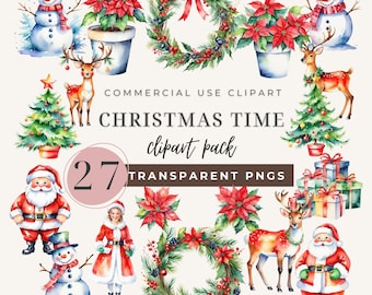 Watercolor Christmas Clipart Bundle: 27 Festive PNG Images (Digital Download)
