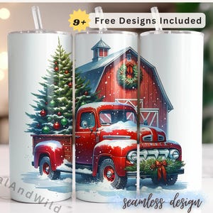 Christmas Red Truck Tumbler Wrap - Christmas Sublimation PNG - 20oz Skinny Tumbler Wrap - Christmas Tree Truck Design - Digital Download PNG