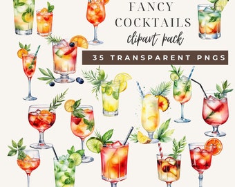 Paquete de imágenes prediseñadas de cócteles en formato PNG, 35 ilustraciones de bebidas alcohólicas en acuarela, imágenes prediseñadas transparentes para uso comercial.