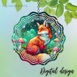 May include: A colorful metal wind chime featuring a stylized orange fox with a swirling pattern, surrounded by green leaves and pink mushrooms. The background is a dark blue with white stars.
