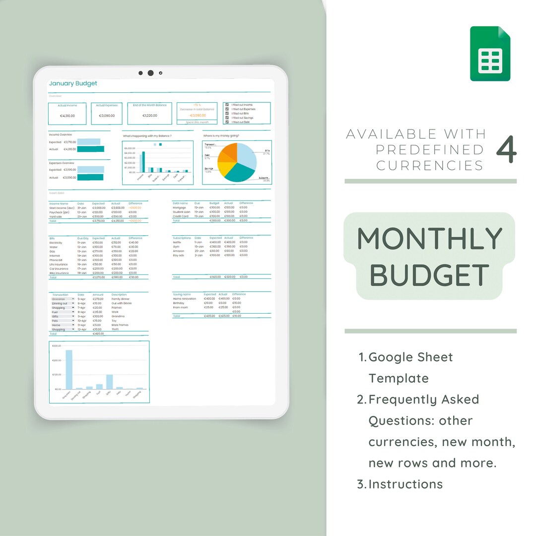 Monthly Budget Google Sheet Template Manage Your Finances With Ease - Etsy