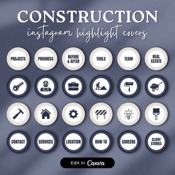 105 Construction Instagram Highlight Covers, INSTANT DOWNLOAD, Construction Templates, Construction Clipart, Renovation Icons - Blue RNB1