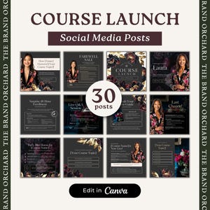 Könnte beinhalten: Ein Satz von 30 Social-Media-Post-Vorlagen für einen Kursstart. Die Vorlagen haben einen dunklen Hintergrund mit floralen Akzenten und einen Text, der "Kursstart" lautet.