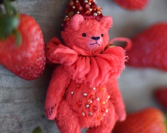 One-of-a-Kind Red Bear Plushie -Mini Artist Cute Teddy - Miniature Doll Collectible - Red Stuffed Animal