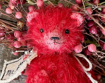 Red mohair artist teddy bear one of a kind art doll , Valentine’s Day presents, bear for collection, stuffed animal and plushies