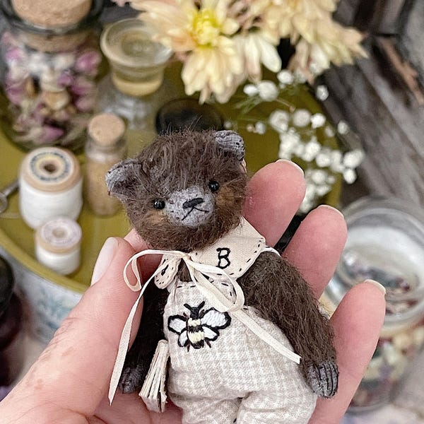 OOAK Mohair Teddy Bear: Miniature Collectible Plush with Woolly Friend