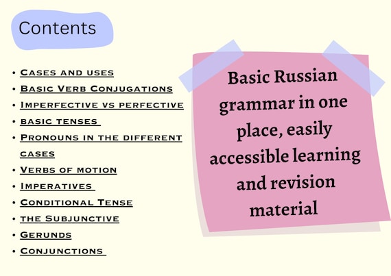 Russian Language Learning Grammar Booklet for All Levels of