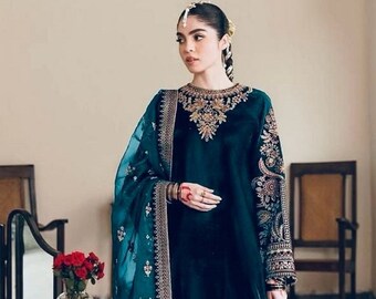 Premium Pakistani Blue Velvet Suit Fully Embroidered Dress with Pant & Dupatta, Readymade Salwar Suits for Eid, Party Winter Wear 3 pc Set