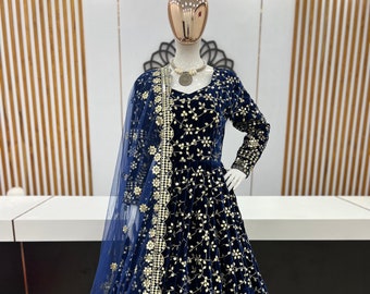 Blue Viscose Velvet Anarkali Long Gown For Women USA, Indian Sequin Embroidered Pakistan Ready To Wear Wedding Outfit With Free Shipping