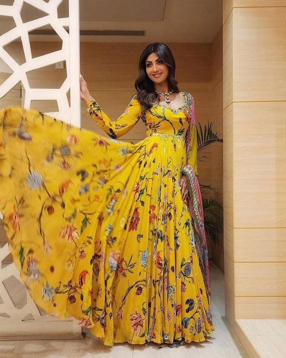 Chanderi Silk Sequence Thread Work Designer Girls Wear Gown Yellow  -6991173648