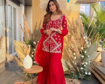 Beautiful Red Sharara Gharara Suit for Woman, Traditional Embroidery Dress Bollywood Inspired Free Shipping, Readymade Outfit For Girls USA