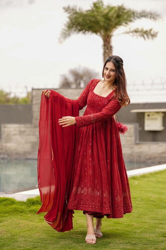 Gorgeous Sexy Red Gown Long Rayon Kurti Flare Dresses Ethnic Tunic Top  Readymade | eBay