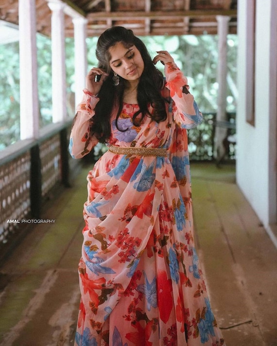 Turmeric Pink Beutifull Saree Style Gown With Heavy Work Beautiful