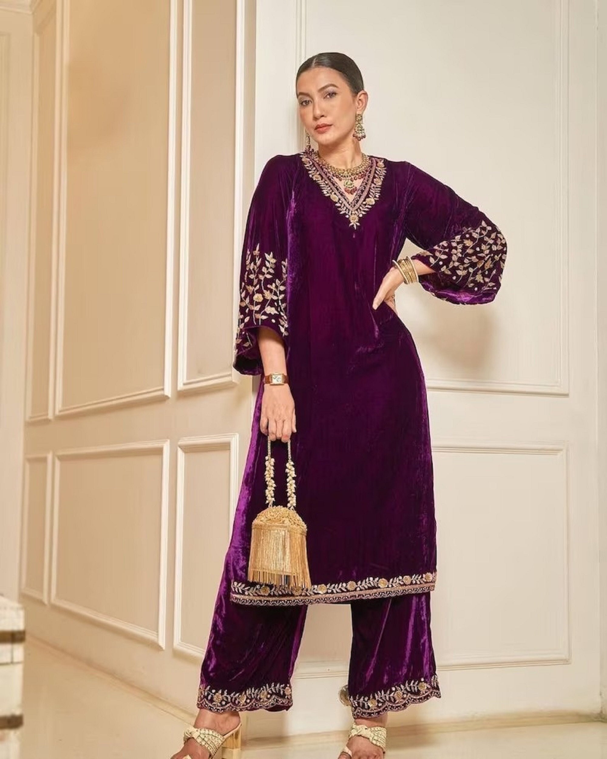 Maroon Velvet Suit with Pakistani Pant – Panache Haute Couture