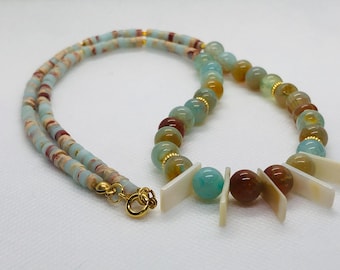 Elegant Varicose and Blue Agate Necklace with Mother-of-Pearl Bar Pendants