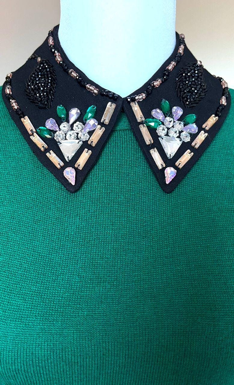 Chic Black Satin Beaded Detachable Collar - Unique Handmade Accessory
