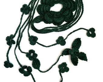 Dark Green Floral Crochet Necklace| One-of-a-Kind Crochet Accessories