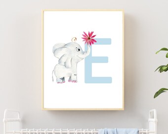 Letter E Wall Art Print ,Cute elephant print, Playroom Wall Decor, Letter E Nursery Wall , Letter E Poster, Safari Nursery,Kids Desk Decor