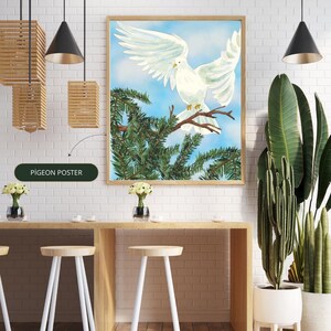 Poster &quot;The Landing&quot; – Peaceful dove on fir branch (oil painting style)