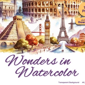 Global Landmarks Watercolor Set - 12 Transparent PNG Cliparts of Iconic Wonders