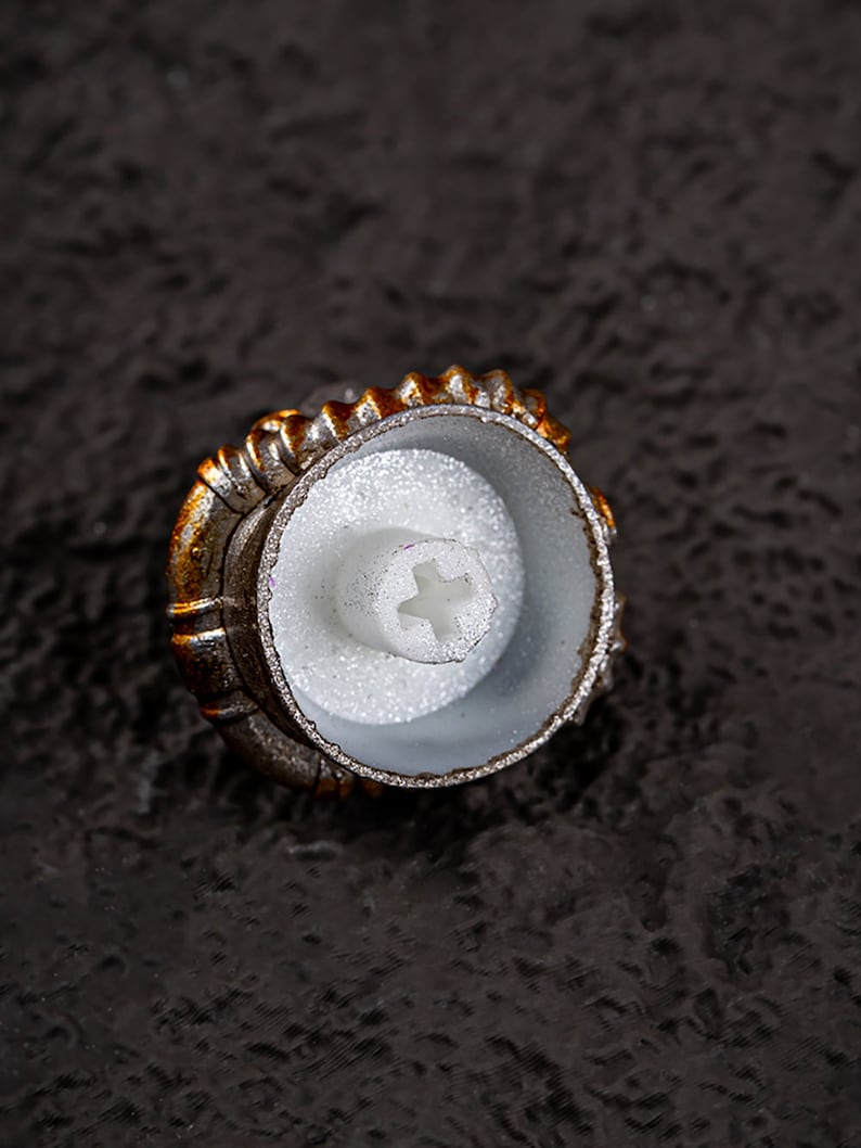 Peut inclure: Gros plan sur un bouchon de bouteille avec un bord m&eacute;tallique textur&eacute; et un int&eacute;rieur blanc. Le bouchon pr&eacute;sente un motif en forme de croix au centre et un aspect vieilli, sugg&eacute;rant qu'il est vintage ou usag&eacute;.