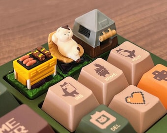 Lindo y pequeño gato relajante para acampar, juego de 3 teclas, barbacoa coleccionable, único, personalizado, de alta calidad, hecho a mano, teclas mecánicas personalizadas, juguete de regalo