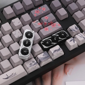 May include: A mechanical keyboard with custom keycaps and two silver GPU-shaped keychains. The keycaps are gray with floral and landscape designs. The GPU keychains have three black fans and the text "GPU".