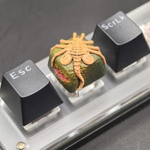 May include: A custom keyboard keycap featuring a detailed, tan-colored insectoid creature atop a green and brown base. The keycap is flanked by black keys labeled "ESC" and "ScrLk". The design is intricate and adds a unique aesthetic to a mechanical keyboard.