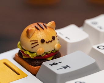 Comida Brinquedo Gato Bonito Hambúrguer Gato Laranja Pet Personalizado Keycaps Feitos À Mão Alta Qualidade Única Personalizada Mecânica Keycaps Colecionáveis