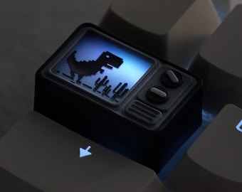 Pantalla de TV clásica transparente de terror con cara de dinosaurio fantasma, tecla mecánica personalizada 1.5U, hecha a mano, pieza de colección única de animación personalizable