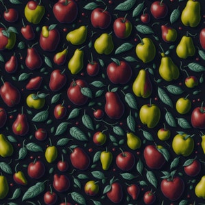 May include: A seamless pattern featuring red apples, green pears, and small red berries on a black background. The fruit is arranged in a repeating pattern, creating a visually appealing design.