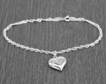 Genuine 925 Sterling Silver Singapore Bracelet With Puffed Heart Charm 6.5” | 7.5” | 8.5"