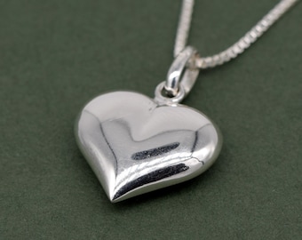 Genuine 925 Sterling Silver Puffed Heart Pendant Necklace on 14”-24" Box Chain