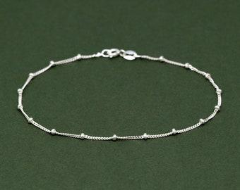 Genuine 925 Sterling Silver Satellite Saturn Curb Chain with 2mm Beads 8.5" Anklet