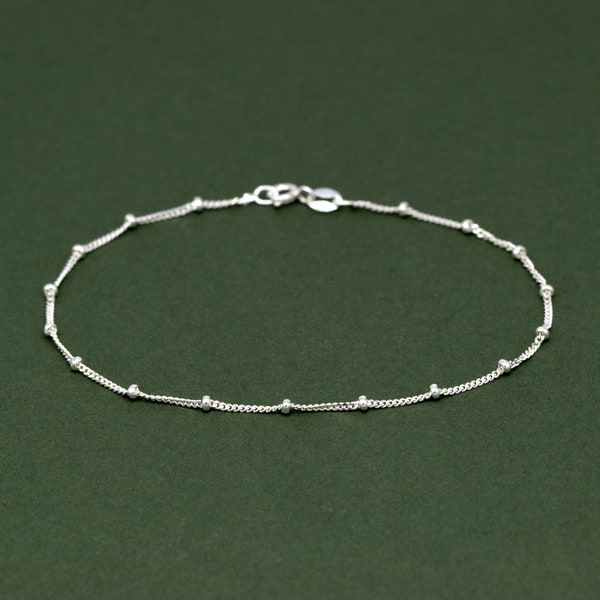 Äkta 925 sterlingsilver satellit-saturnus-kantkedja med 2 mm pärlor 20 cm, 25 cm fotlänk