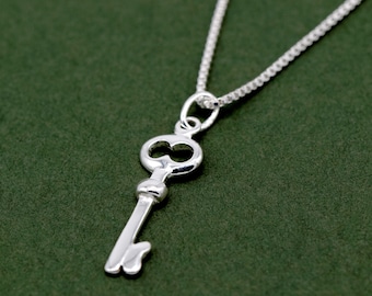 Genuine 925 Sterling Silver Key Pendant Necklace - Diamond Cut Sterling Silver Box Chain Minimalist Necklace Women Gift Unisex