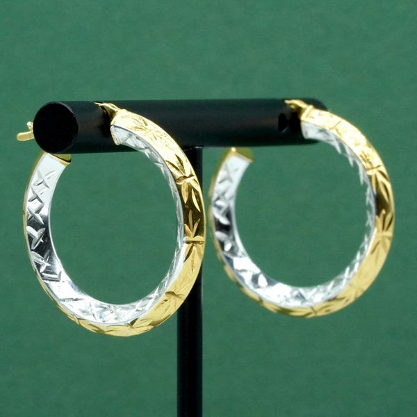 Zweifarbiges Sterling Silber & vergoldete Creolen - Diamant Schnitt Muster Creolen, Eleganter Statement Schmuck Geschenk für Sie, Alltags Ohrringe