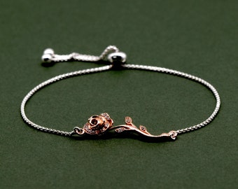 Echtes 925 Sterlingsilber-Armband mit Roségold-Zirkonia-Verkrustung Rose (1 mm Box-Kette)