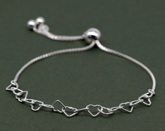 Genuine 925 Sterling Silver Chain of Hearts Adjustable Slider Bracelet up to 10"