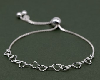 Genuine 925 Sterling Silver Chain of Hearts Adjustable Slider Bracelet up to 10"