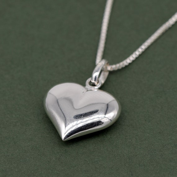 Genuine 925 Sterling Silver Puffed Heart Pendant Necklace on 14