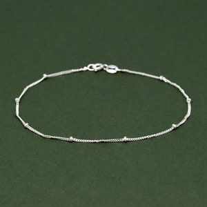 925 Sterling Silver Beaded Satellite Bracelet, Curb Chain Bracelet, Minimalist, Dainty Bracelet, Silver Chain, 2mm Beads