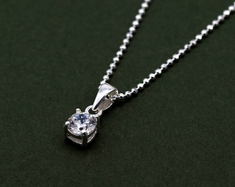 Genuine 925 Sterling Silver Cubic Zirconia Round Pendant Necklace - Diamond Cut Sterling Silver Ball Chain