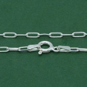 May include: Close-up of a silver chain with an oval link design. The chain features a lobster clasp for secure fastening. The links are bright and reflective against a green background.