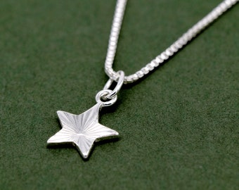 Genuine 925 Sterling Diamond Cut Fluted Star Pendant Necklace - Diamond Cut Sterling Silver Box Chain Minimalist Necklace Women