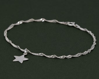 Genuine 925 Sterling Silver Singapore Chain Bracelet With Star Charm 6.5” | 7.5” | 8.5"