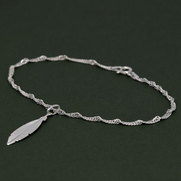 Genuine 925 Sterling Silver 10" Singapore Chain Anklet With Feather Pendant