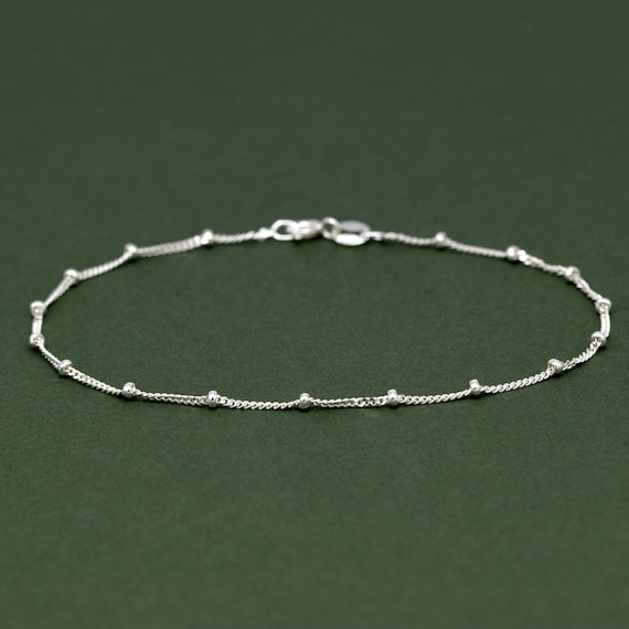 Sterling Silver Beaded Curb Chain Bracelet, Dainty Bracelet, Fine Silver Bracelet, Minimalist Jewellery, Gift for Her